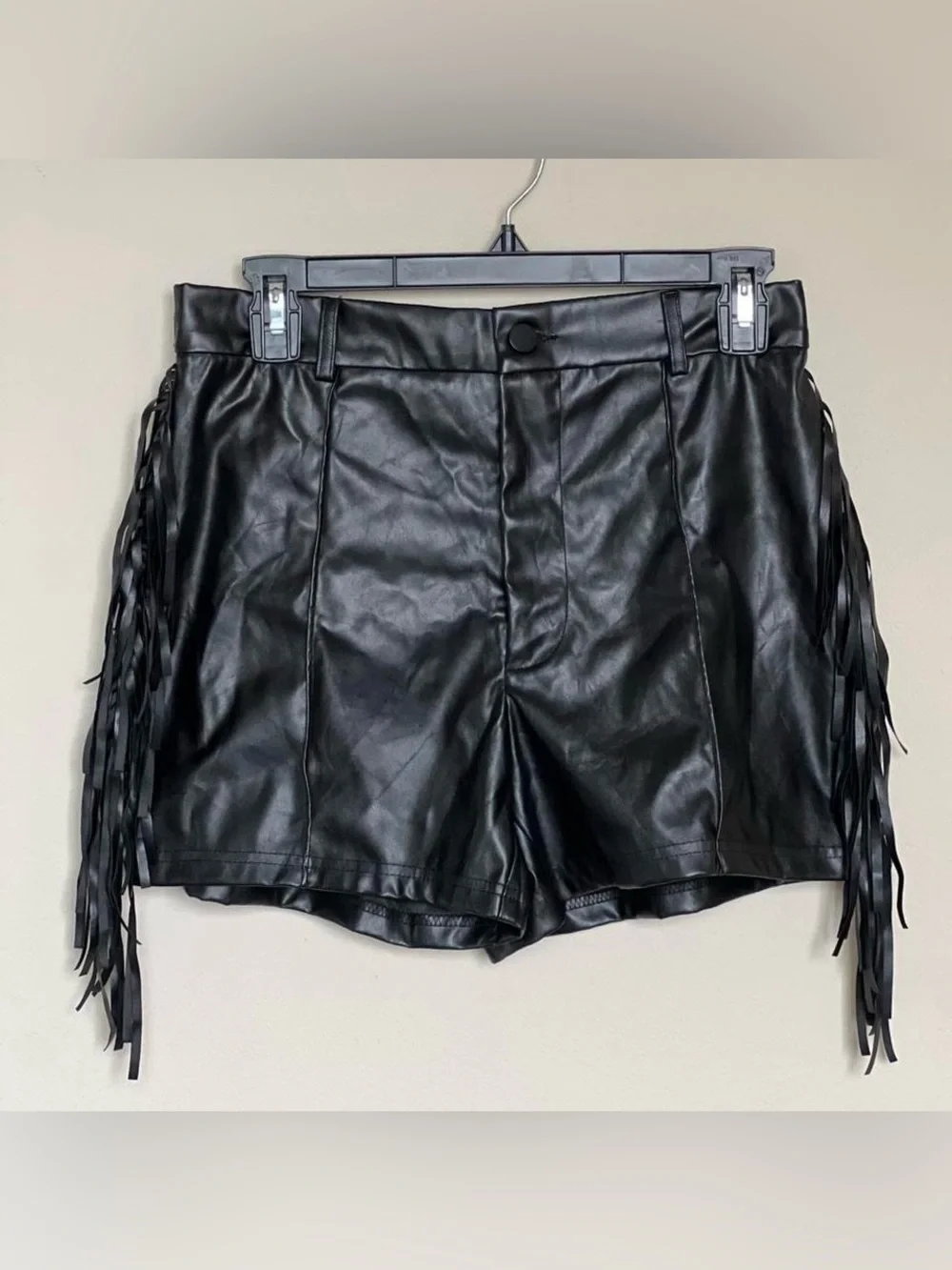 Black Faux Leather Fringe Shorts | Women’s Medium | Western Festival Moto Style